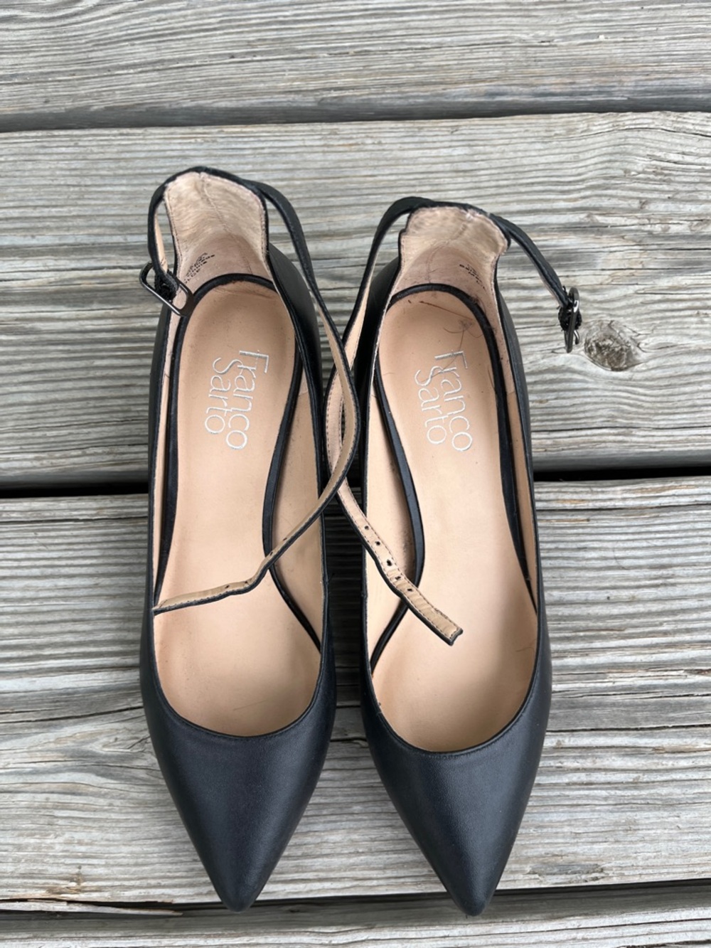 Franco Sarto Black Pointed Toe Slingback Flats with Ankle Strap
